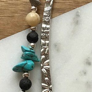 Tibetan Metal Essential Oil Bookmark Flower Engraved - Yellow Jade -‎ Turquoise